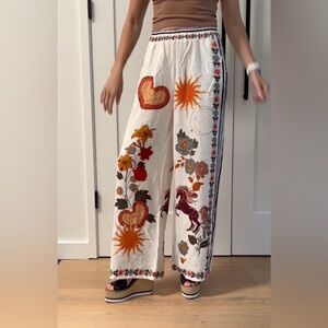 Cream Wide-Leg Boho Pants with Celestial Floral Motif